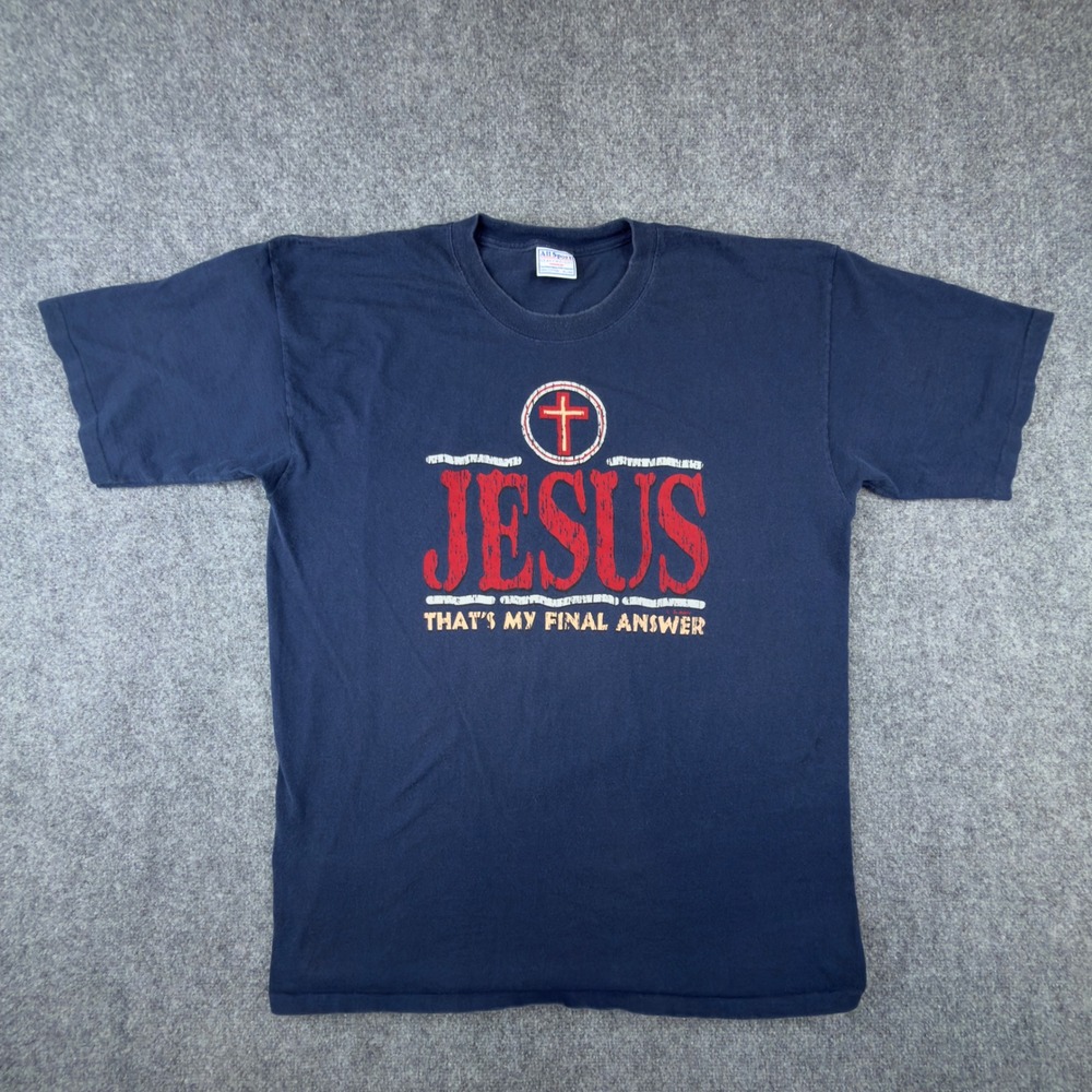 Vintage All Sport Jesus Thats My Final Answer T-Shirt Navy Single Stitch XL 90s